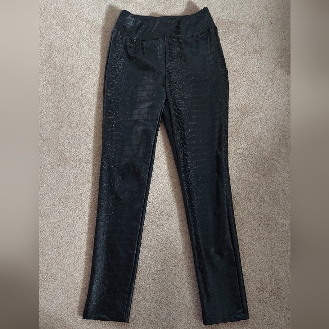 Black Crocodile Leather Legging Pants